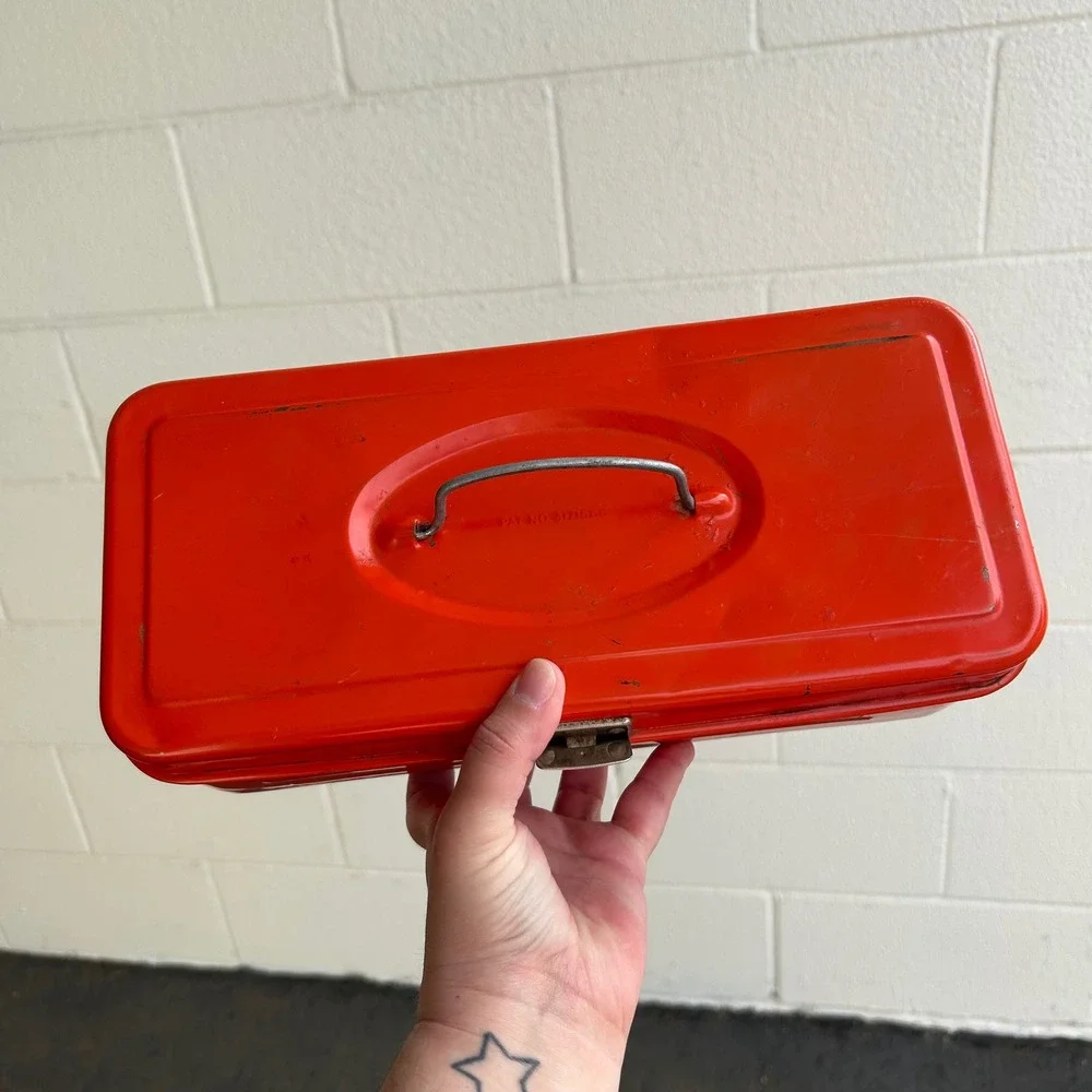 Vintage Bright Orange Union Steel Utility Box Tool Box Metal Tackle Box
